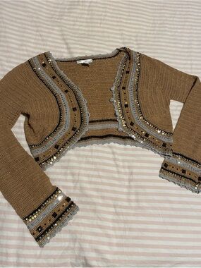 WD.NY Brown Beaded Cropped Knit Bolero with Gray Trim